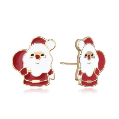 China Christmas Gift Cute Custom Copper 18K Gold Plated Enamel Christmas Tree Old Man Stud Earrings for sale