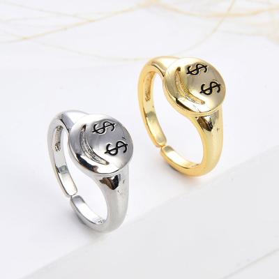 China New Fashionable Cute Gold Plated Enamel Copper Cute Ladies Ring Fashion Jewelry Rich Symbol Smiling Face Ring for sale