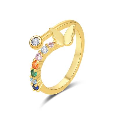 China Cute Factory Wholesale Bohemian Butterfly Open Ring Colorful Zircon Charm Adjustable Size Ring for sale