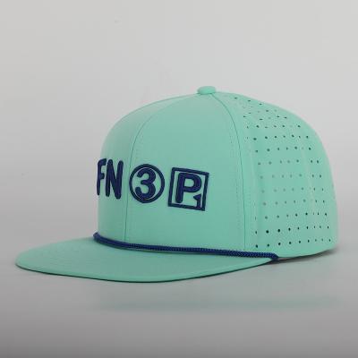 China OEM 6 Panel 3D Custom High Quality Embroidery JOINT Logo Structured Laser Cut Hole Perforated Hat, Bill Rope Snapback Flat Cap for sale