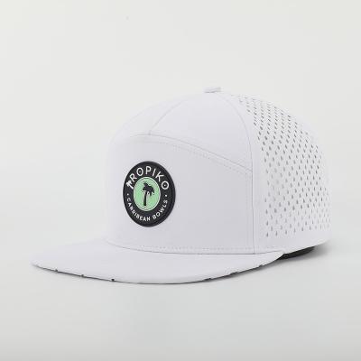 China Fashion 7 Panel COMMON Custom OEM Bill Rubber Pvc Patch Logo 168 Snapback White Flat Cap Waterproof Laser Cut Hole Perforated Cap for sale