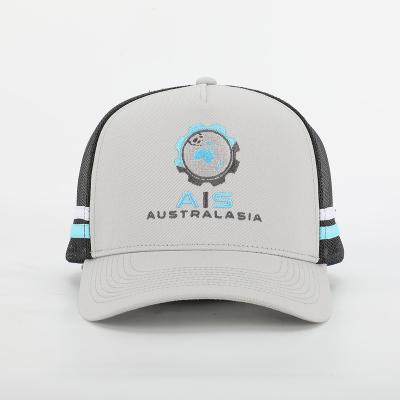 China BSCI 5 Panel High Quality Profile Embroidery Logo 2 Stripe Australia Custom Side Country Mesh Trucker Hats Cap for sale