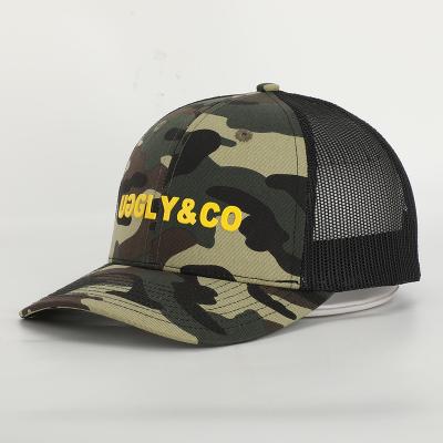 China COMMON Wholesale Custom High Quality 6 Panel Pre Curved Style Logo Mesh Camo Trucker Cap Hat Rubber Print Richardson 112 for sale