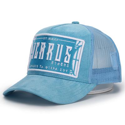 China High Quality Simple Blue Curved Trucker Hat Logo Mesh Snap Back Suede Gorras Embroidery 3d Brim OEM Custom Fashion 5 Panel Hats for sale