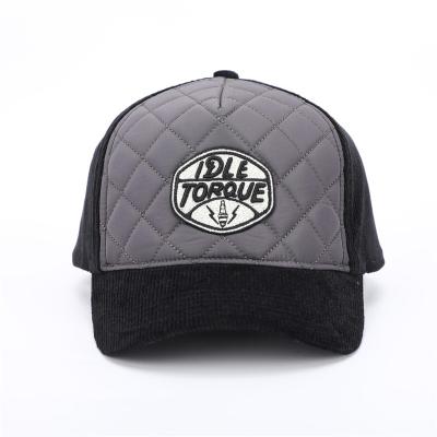 China COMMON Wholesale Custom 5 Panel Mens Black Corduroy High Quality Dad Hat, 3D Embroidery Curved Brim Leather Strap Logo Baseball Cap for sale