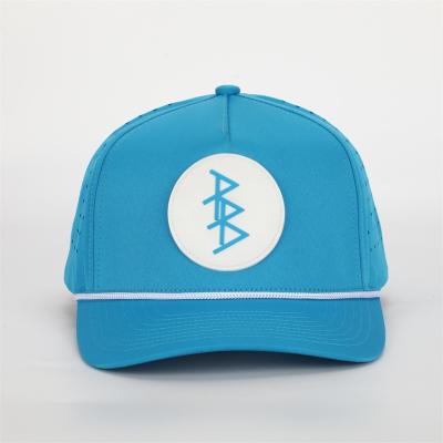 China Custom 5 JOINT Panel Logo Rope Baseball Cap High Quality Rubber Patch, Waterproof Laser Cut Drilled Hole Perforated Cap for sale