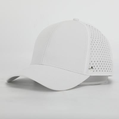 China OEM Men's COMMON Custom Logo 6 Patch Rubber Panel Curved Brim White Sport Baseball Cap, Waterproof Laser Cut Perforated Hole Dad Hat for sale