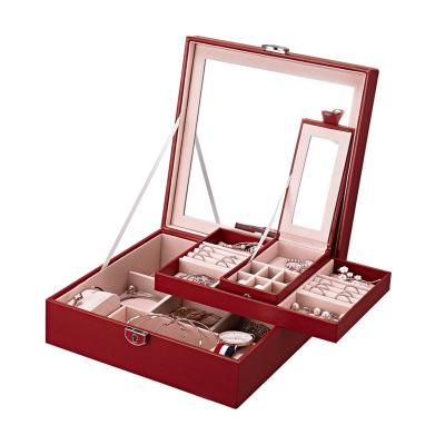 China 2022 Fashionable Logo Women Jewelry Box Organizer Custom Made Large Lockable 2 Layer Jewelry Display Holder For Earring Ring Necklace With Mirror for sale