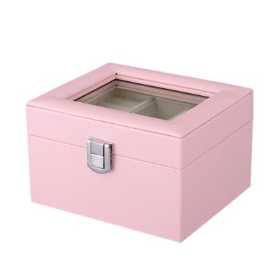 China Fashionable PU Leather Jewelry Storage Case Lid Jewelry Organizer Storage with Mirror Glass Premium 2022 Custom Handmade Girls Pink Logo for sale