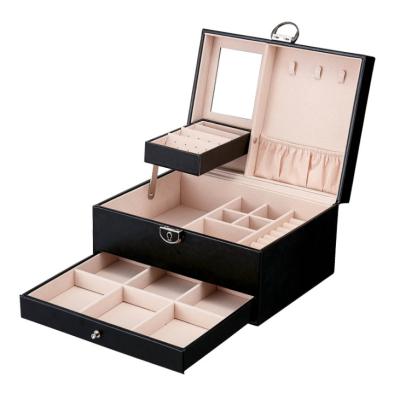 China Custom Handmade Wholesale Black PU Drawer Jewelry Box Organizer Packaging Box Ring Earring Necklace Bracelet Jewelery Leather Box for sale