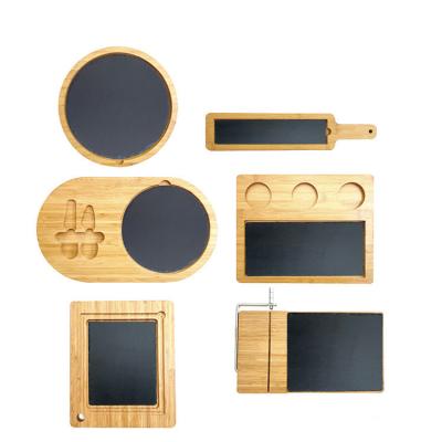 China Stocked Hotel Restaurant Western Plate Black Slate Inlaid Bamboo Serving Board With Stone Dining Plate for sale