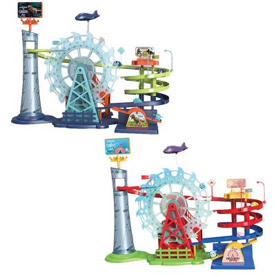 China Slot Toy Battery USB Power Dinosaur Climbing Stairs Ferris Wheel Amusement Park Gear Track Toy Electric Music Car Track Slide Rail Toys for sale