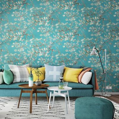 China Countryside Nordic Rustic Vinyl Wallpaper Waterproof Blue Yellow Blue Floral 3d Home Decor For Bedroom Living Room for sale