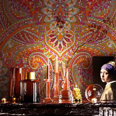 China European 2022 Wholesale Vintage Vinyl Wall Papers Decor PVC Wall Paper Roll Exotic Bohemia Ethnic Red Blue Living Room Home Bedroom Style for sale