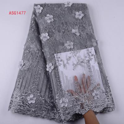 China High Quality Gray French Beaded Net Lace Fabric 3D Flower Tulle Viable Wholesale African Lace Fabric For Even Dress Dress for sale