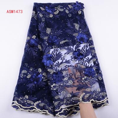 China New Design Viable Nigerian Navy Blue Lace Fabric With Appliques 3D Flower Embroidery High Quality African Tulle Lace Fabric For Women for sale