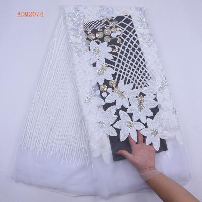 China New Arrival Sustainable African Tulle Lace Fabric Guipure Lace Fabric Pure White French 3D Flowers Net Lace Fabric With Sequins 2074 for sale