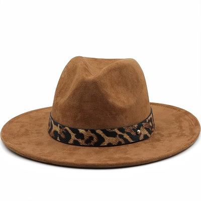 China Leopard Print Stripe Brim Casual Luxury Wide Suede Felt Jazz Fedora Hats Men Women for sale