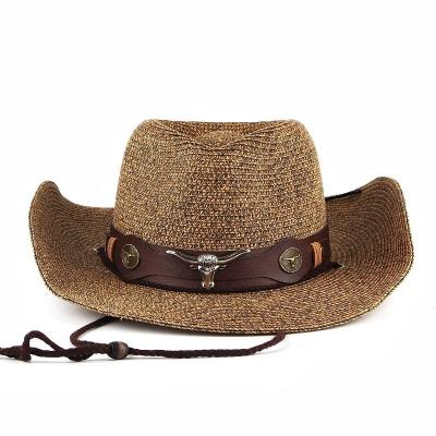 China Wholesale Cowboy Wide Brim Character Logo Mens Straw Hat Sunhat Panama Hat Custom Made Men for sale