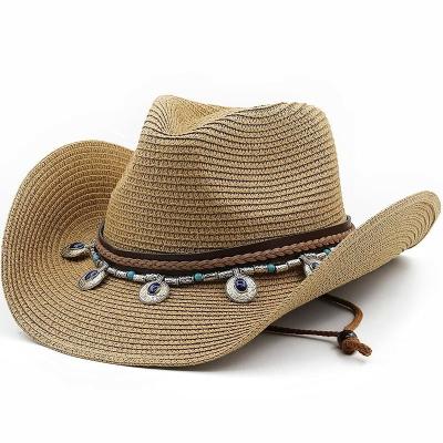 China Character Straw Beach Sun Hat Western 100% Paper Windproof Wholesale Custom Made Brown Straw Cowboy Hats black white for sale