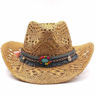 China Custom Style Straw Paper Hat Summer Women Brown Western Wholesale Straw Cowboy Hats Character Embroidery Boho White for sale