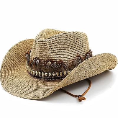 China Women Summer Wide Band Feather Character Straw Cowboy Beach Sun Sports Outdoor Hats for sale