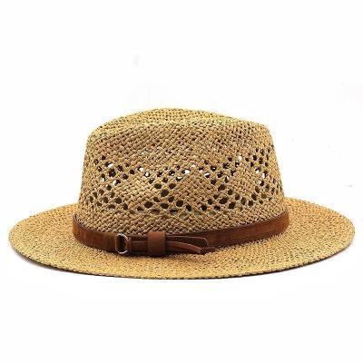 China Summer Men's Character Crochet Stripe Belt Beach Sun Protection Fedora Raffia Straw Hat Women for sale