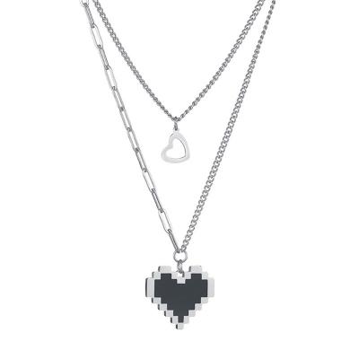 China Trendy Style Titanium Steel Heart Pixel Jewelry Pendant Necklaces For Women Layered Link Chain Fashion Jewelry Ladies Gift for sale