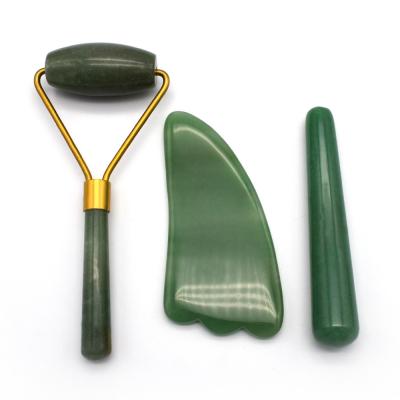 China Green Aventurine Massage Jade Facial Roller Set for Face Neck and Eye Massage Benefits for sale