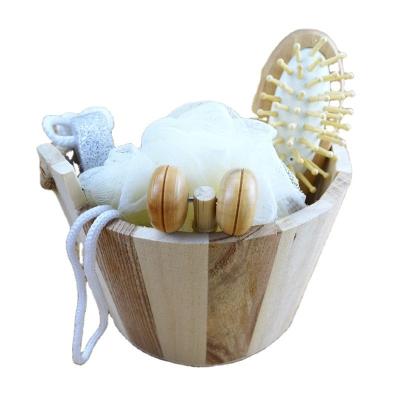 China Limpieza corporal Conjunto de baño de madera con cepillo de cabello Pumice Piedra Baño Pouf Sisal Esponja Masajista 6Pcs Baño de Spa Conjunto de regalo de belleza en venta