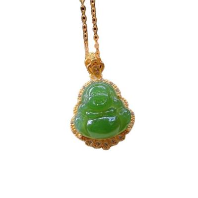 Cina 925 Collare di Buddha di Giada con Nefrite Verde Intagliato d'Argento con Pietre di Cristallo e Piccole Dimensioni in vendita