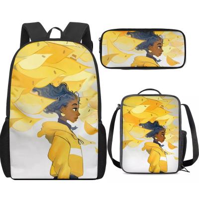 China Luxury Anti-theft Design Cartoon Black Afro Girl School Bag Set 16 Inch Bookbags For Lady African Cute Children Kids Bookbags Mochila for sale