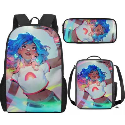 China Custom Magic Black African Girl Afro American Women School Bag Anti-theft Satchel Sets For Children Elementary Kids Bookbags 3pcs for sale