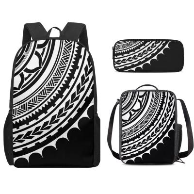 China HD Print Anti-theft BookBag Polynesia Style Traditional Black/White Tribal School Bag Squares For Primary School Student Book Bags 3 PCs for sale