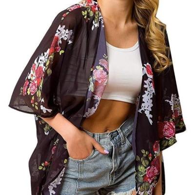 China Floral Print Women Breathable Chiffon Cardigan Long Sleeve Blouse, Summer Autumn Beach Cover Up Long Tops Loose Boho Ladies Shirts for sale