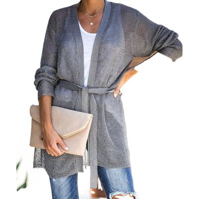 China Spring Breathable Summer Women's Long Sleeve Cardigan, Knit Hollow Casual Loose Open Front Cardigan With Belt for sale