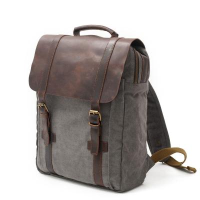 China Waterproof High Quality Vintage Canvas Crazy Horse Leather Backpack 15.6 Inch Laptop School Bag Travel Rucksack for sale