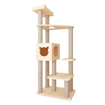 China Sustainable Luxury Wooden Cat Tree Pet Play Nest Platform Cat Shelf Climbing Frame for sale