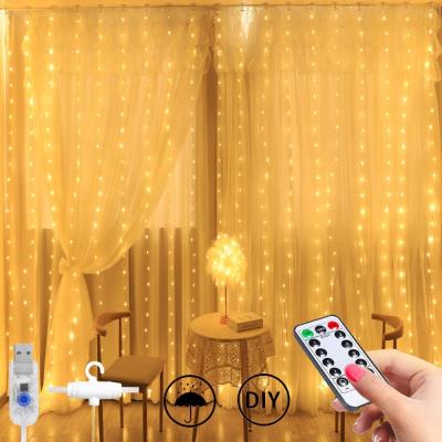 China Window Lights with USB Plug and Battery Operated Remote Control with 8 Modes Remote Control Curtain Lights 3*3m Warm White Wedding LED Fairy Window String Lights for sale