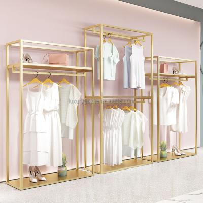 China Clothing Store Boutique Retail Garment Cloth Rack Display Clothes Shops Chrome Stainless Steel Gold Metal Clothing Rack For Store for sale