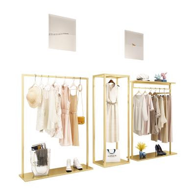 China Clothes Shop Commercial 2 Teir Clothing Rack Modern Standard Stainless Steel Garment Cloth Metal Rack Wholesale Heavy Duty Gold for sale