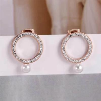 China Wholesale Cheap Cute Environmental Friendly Pearls Jewelry 2021 Girls Geometric Luxury Diamond Circle Fashion Titanium Steel Earring for sale