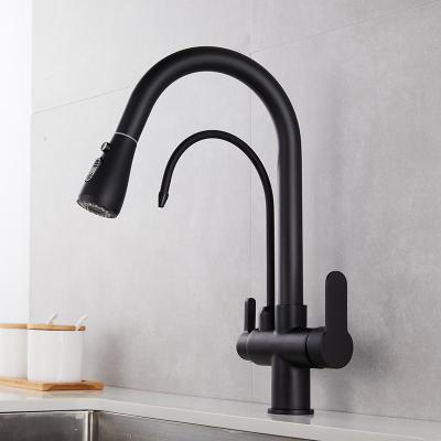 China Thermostatic Faucets 2021 New Arrival Pull Out Double Handle Brass Deck Mounted Matte Black Sink Taps Faucet Kitchen for sale