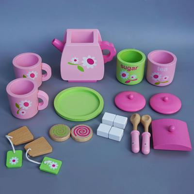 China Solid wood; Eco-Friendly Painting Girls Waterborne Toys Simulate Wooden Kitchen To Pretend Toys Wooden Play Toy Tea Set For Girls for sale