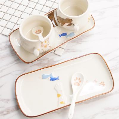 China SOULCHE Viable Ceramic Bowls with 3D Cartoon Cat Paw Plate Sets of Tray Cute Cat Breakfast Bowl and Bowl for sale