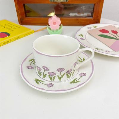 China SOULCHE SUSTAINABLE Ceramic Coffee Mug And Saucer Ins. Purple Flower Breakfast Dessert Porcelain Retro Plates Ceramic Coffee Mug for sale