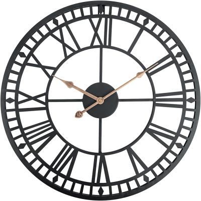 China Antique Style 24INCH 60cm Classic Metal Round Shaped Iron Skeleton Antique Industrial Roman Numerals Home Decor Black Wall Clock for sale