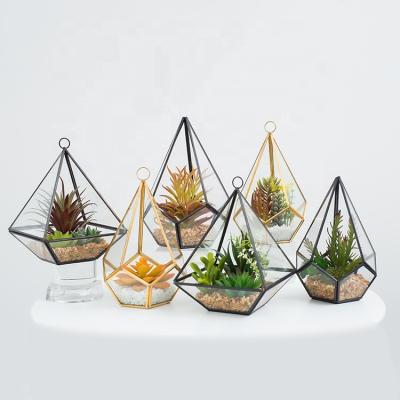 China Custom Decorative Mini Geometric Glass Greenhouse Artificial Succulent Plants Potted For Home Decor Hotel Decor for sale