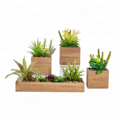 China Traditional Wholesale Cheap Plastic Waterproof Fake Artificial Succulent Plants In Wooden Flowerpot for sale