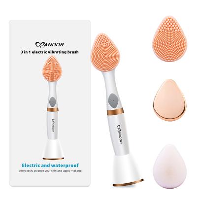 China Exfoliators Waterproof 3 in 1 Multifunctional Electric Vibrating Brush Private Label Makeup Brush Automatic Silicone Vibrating Facial Brush for sale